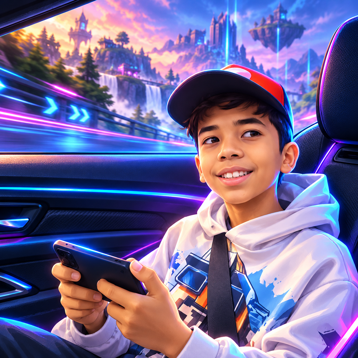 Nik als Cartoon-Gamer mit Smartphone in einer leuchtenden Fantasy-Spielwelt